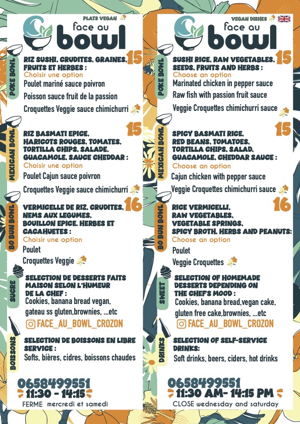 Carte 2026 du restaurant poke bar Face au Bowl Crozon Morgat 