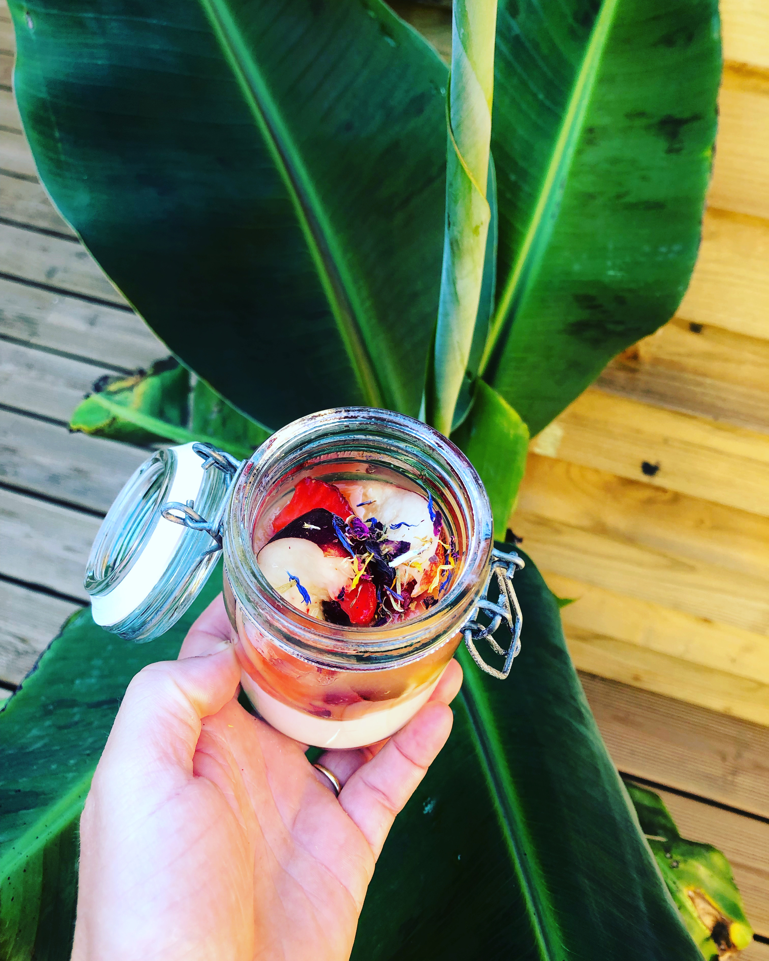 Pêche Rhubarbe et fleurs verrine fraicheur Crozon